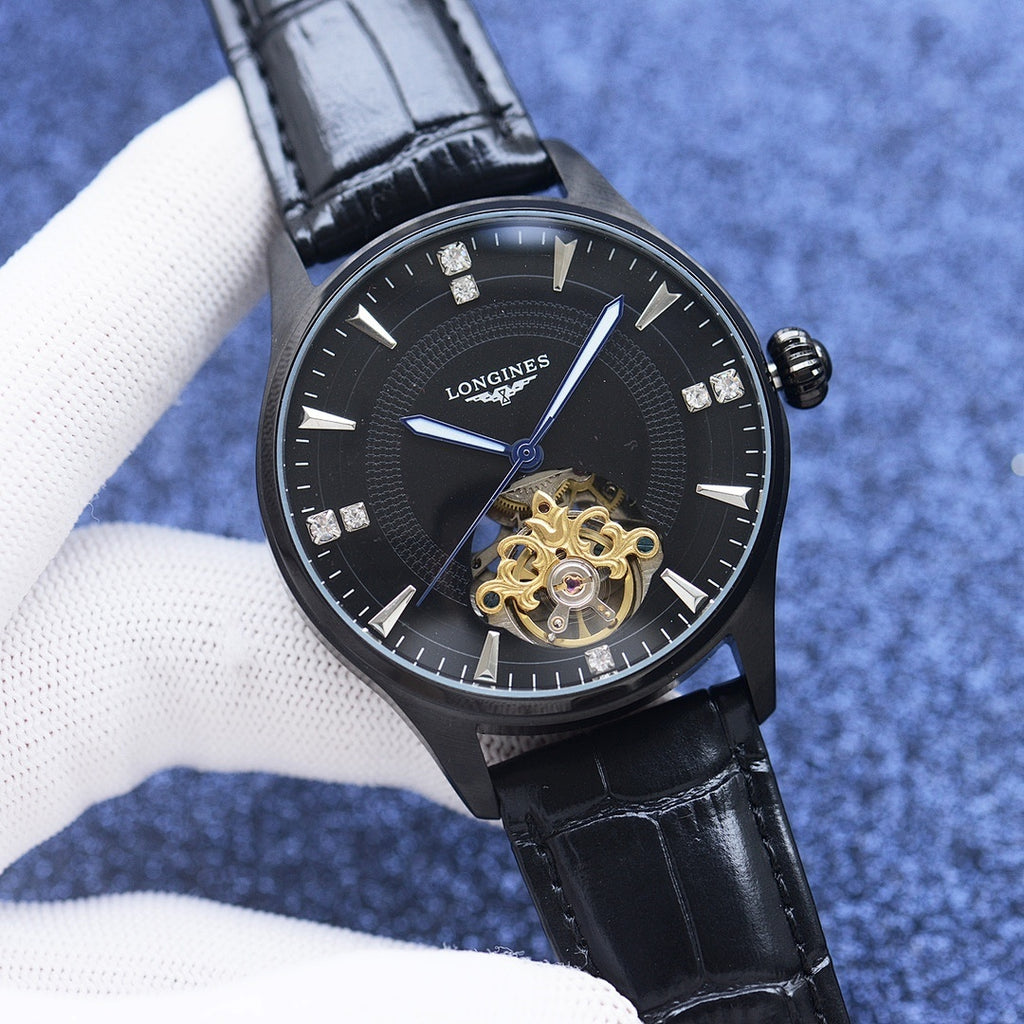 Longines mechanical watch with black dial and black leather strap, gold-tone accents and markers