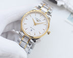 Longines two-tone watch with white dial and gold hour markers, metal bracelet