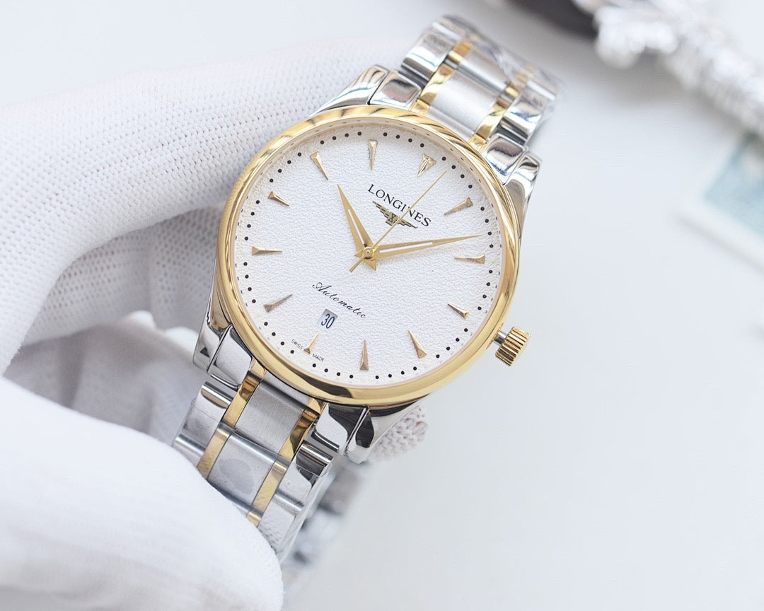 Longines two-tone watch with white dial and gold hour markers, metal bracelet