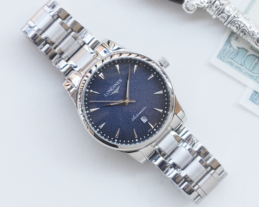 Longines two-tone watch with dark blue dial and silver bracelet, polished bezel