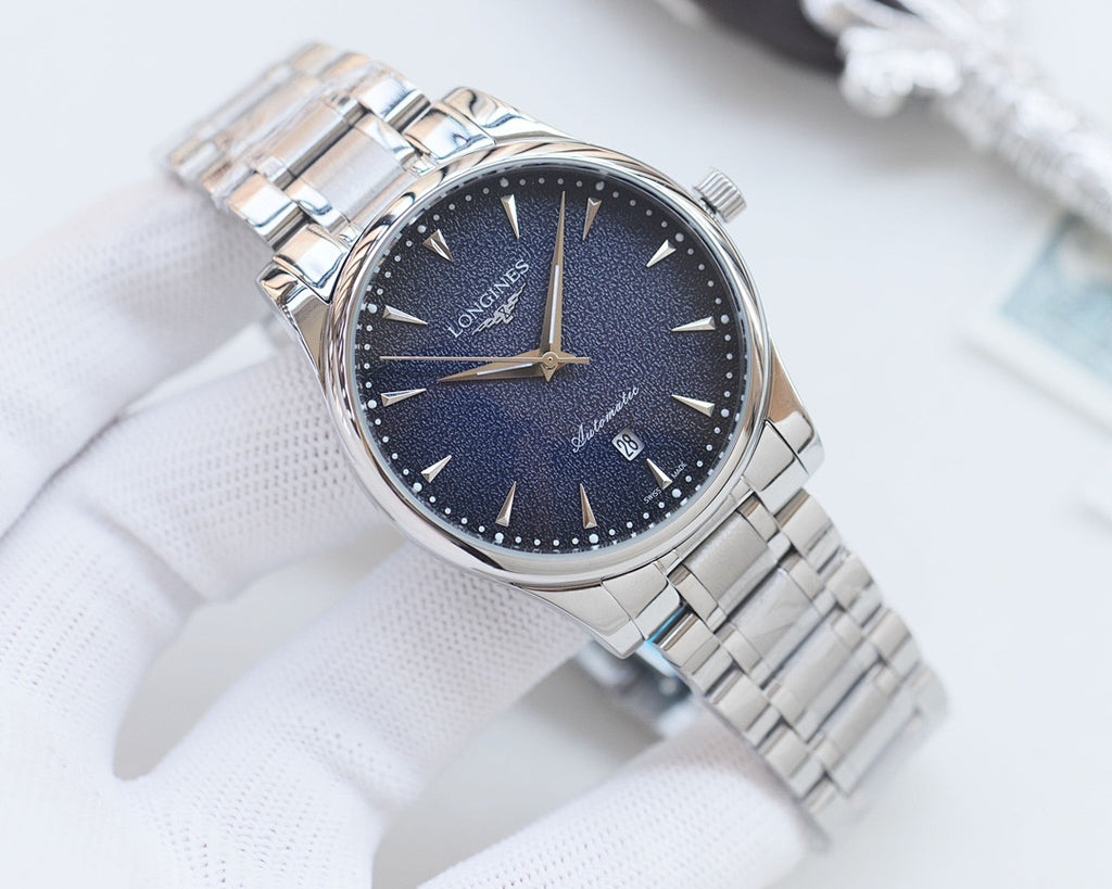 Longines two-tone watch with dark blue dial and silver/gold bracelet