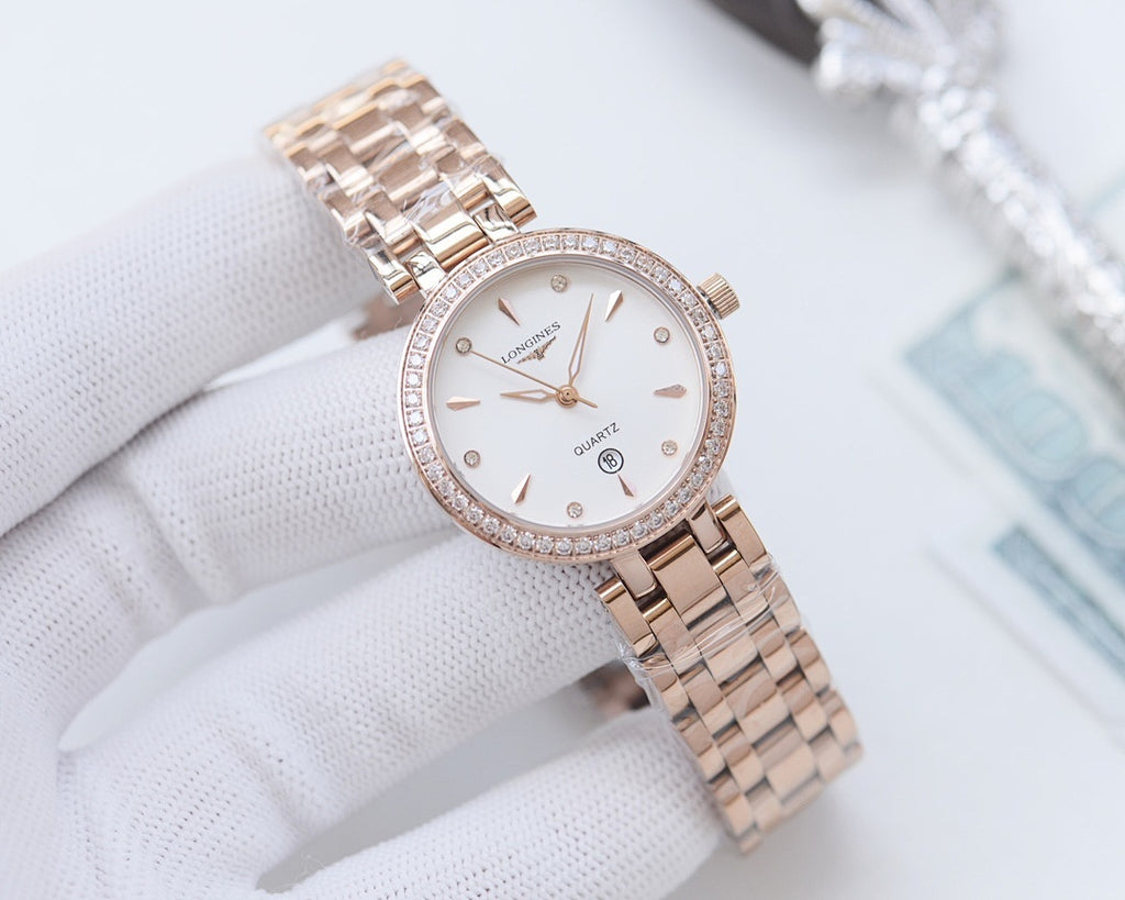 Longines watch with rose-gold case and metal link bracelet, white dial and gold-toned hands