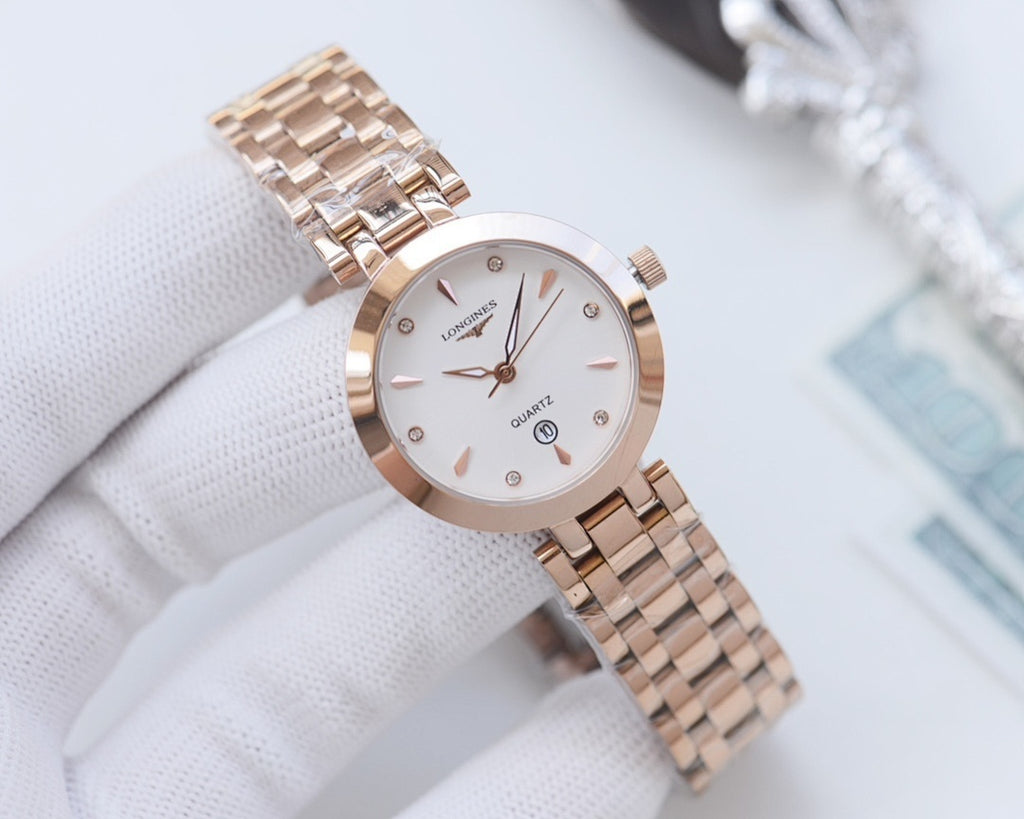 Longines watch with rose-gold case and metal link bracelet, white dial and three hands