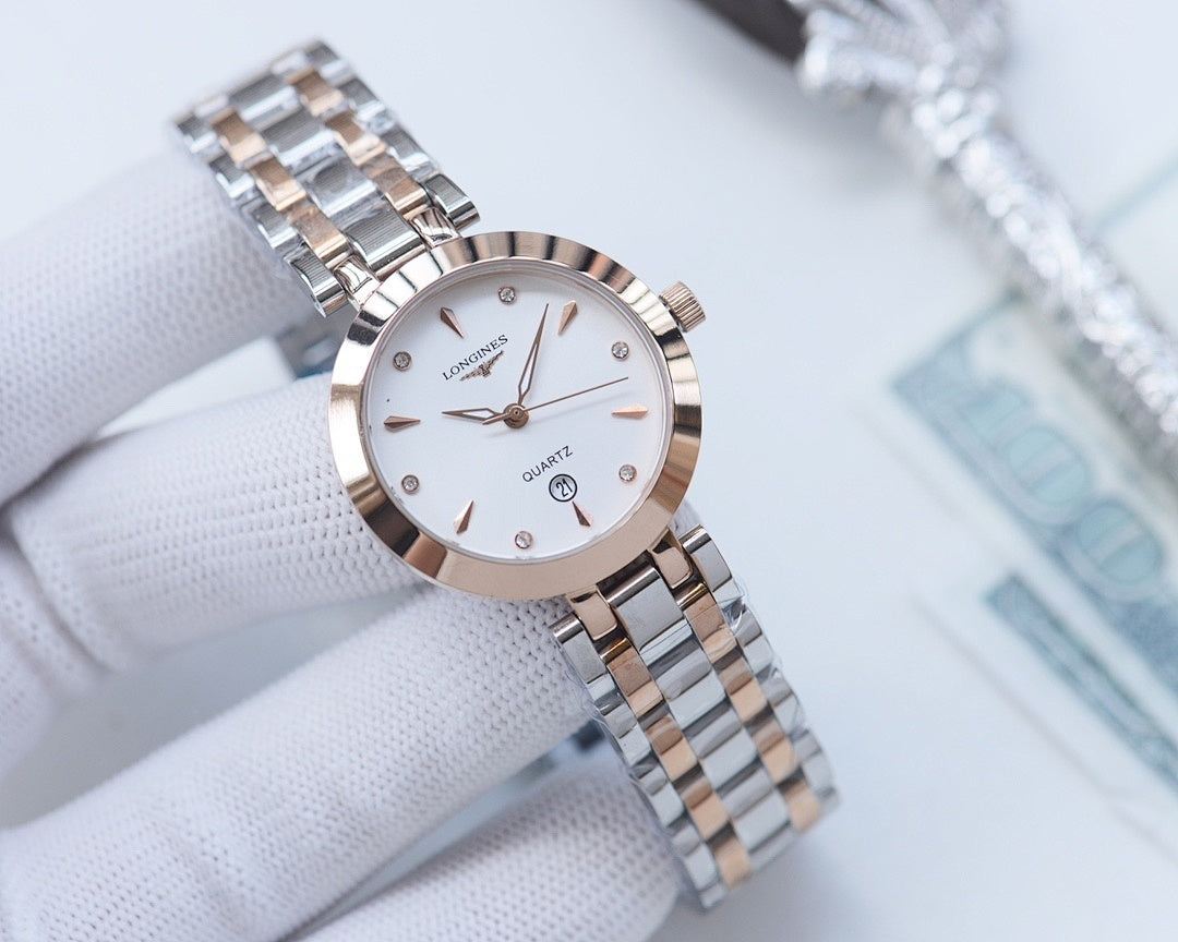 Longines watch with silver-and-gold tone metal bracelet and rose-gold bezel, white dial