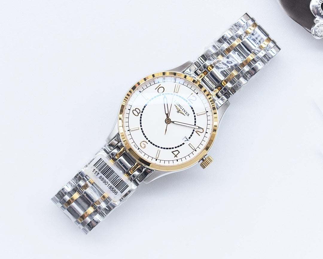 Longines watch with white dial and two-tone bracelet, crown at right.