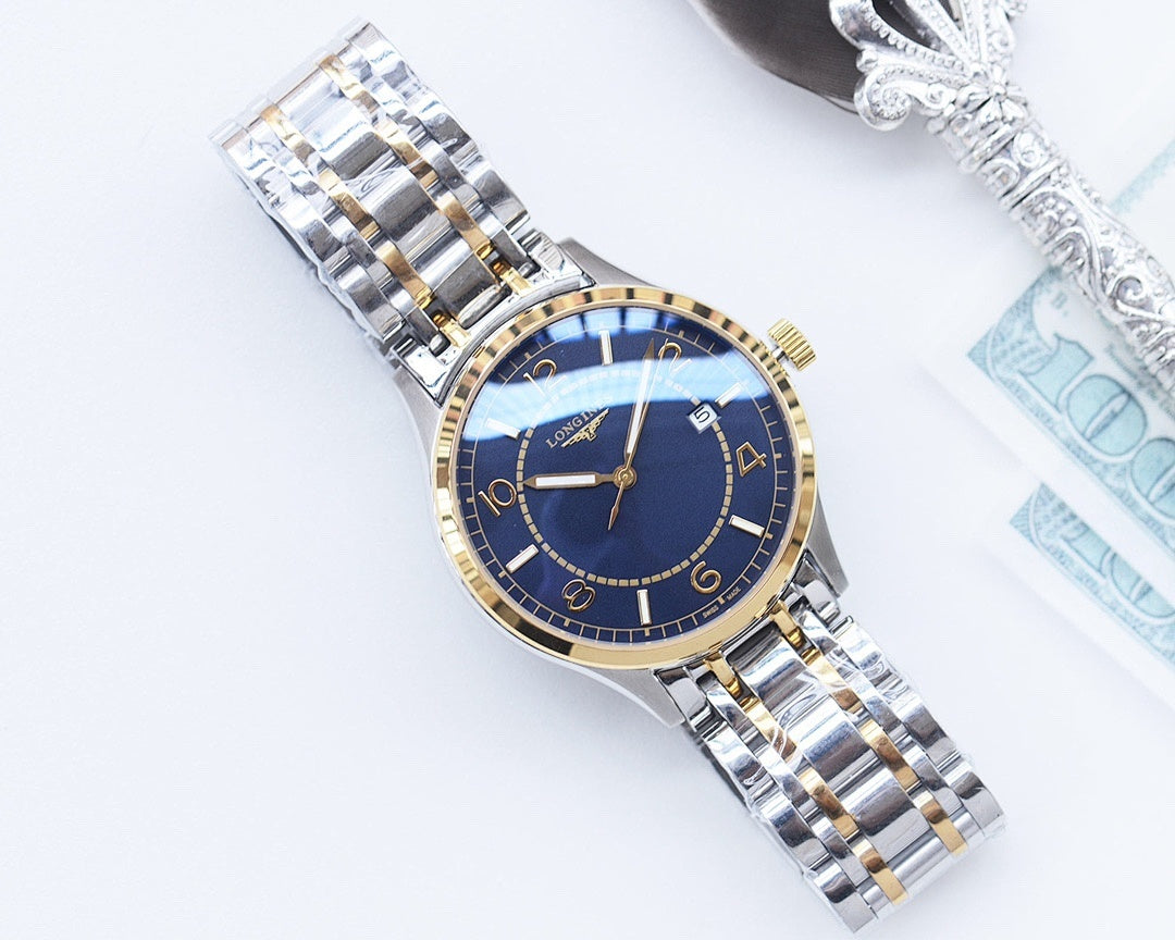 Longines watch with blue dial and two-tone steel bracelet.
