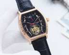 Men's skeleton watch with rose-gold case, black leather strap, dark dial, sub-dial