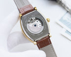Stainless steel watch with brown leather strap, round caseback engraving and side crown