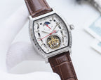 Men's skeleton watch with silver-tone case, brown leather strap, white dial, sub-dials