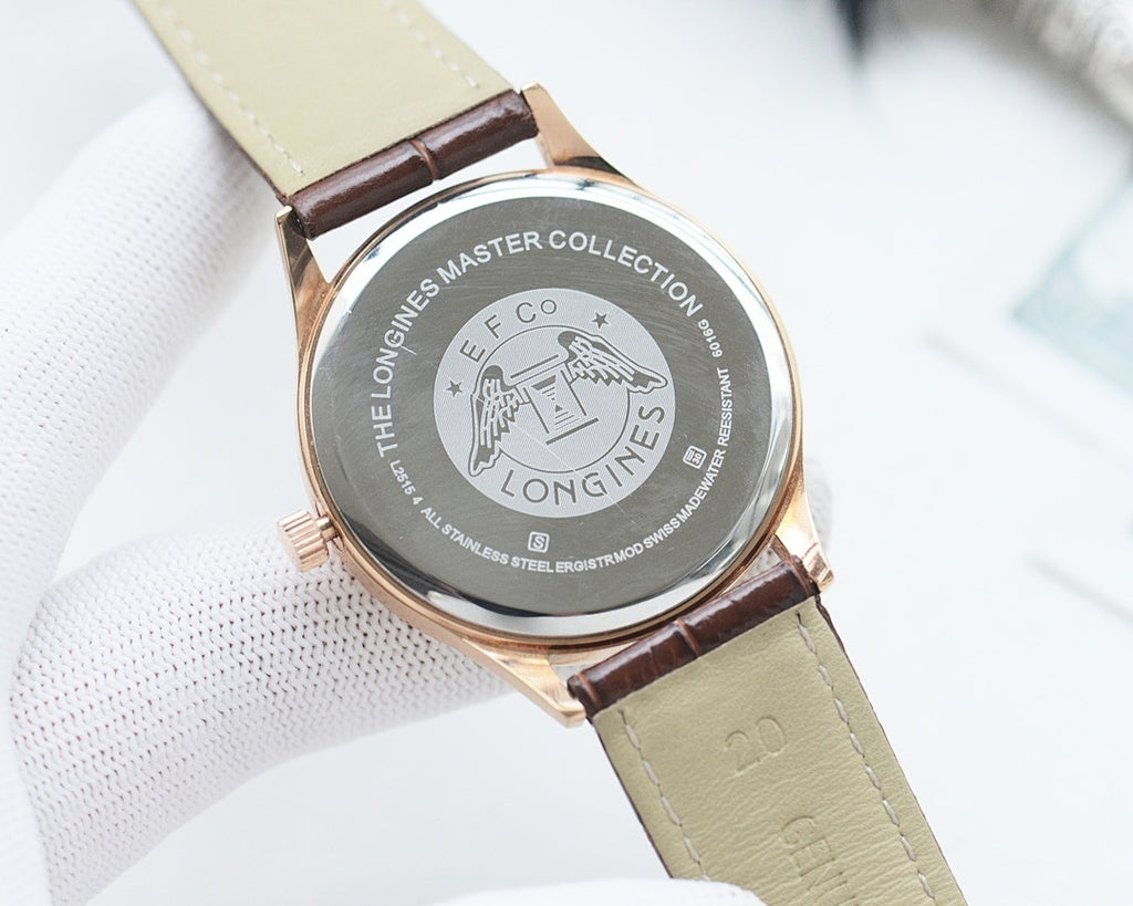 Longines watch case back with 'THE LONGINES MASTER COLLECTION' engraving, brown leather strap