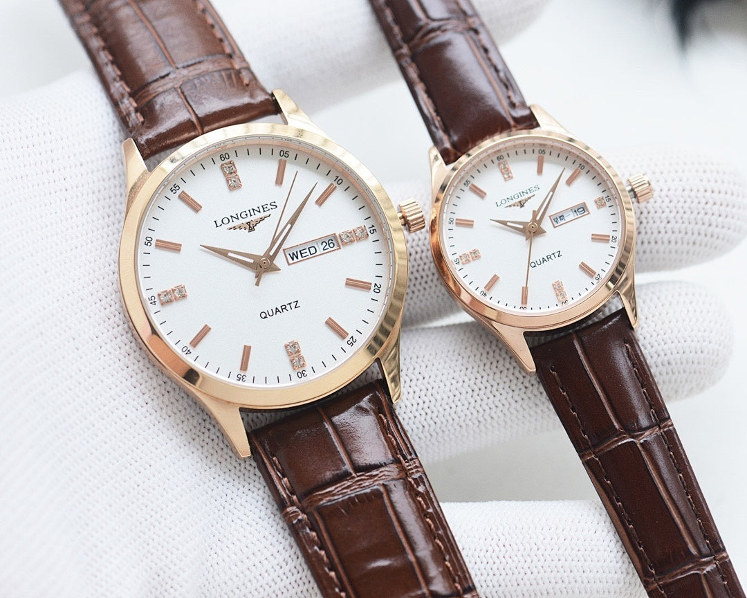 Longines quartz watches with white dials, brown leather straps, and rose gold cases