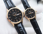 Longines quartz watches with black dials, black leather straps, and gold-toned cases