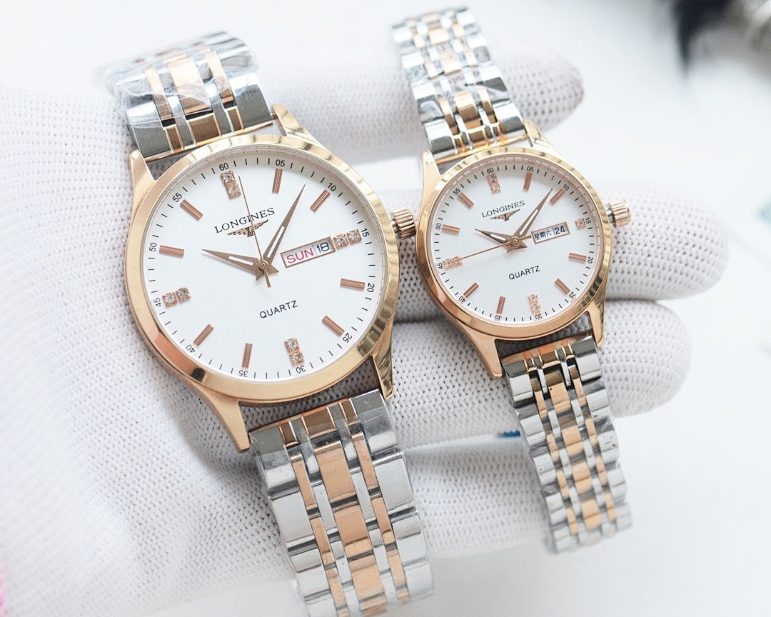 Longines quartz watches with white dials, steel bracelets, and rose gold cases