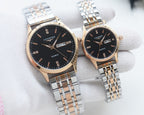 Longines quartz watches with black dials, linked metal bracelets, and rose gold-tone bezels