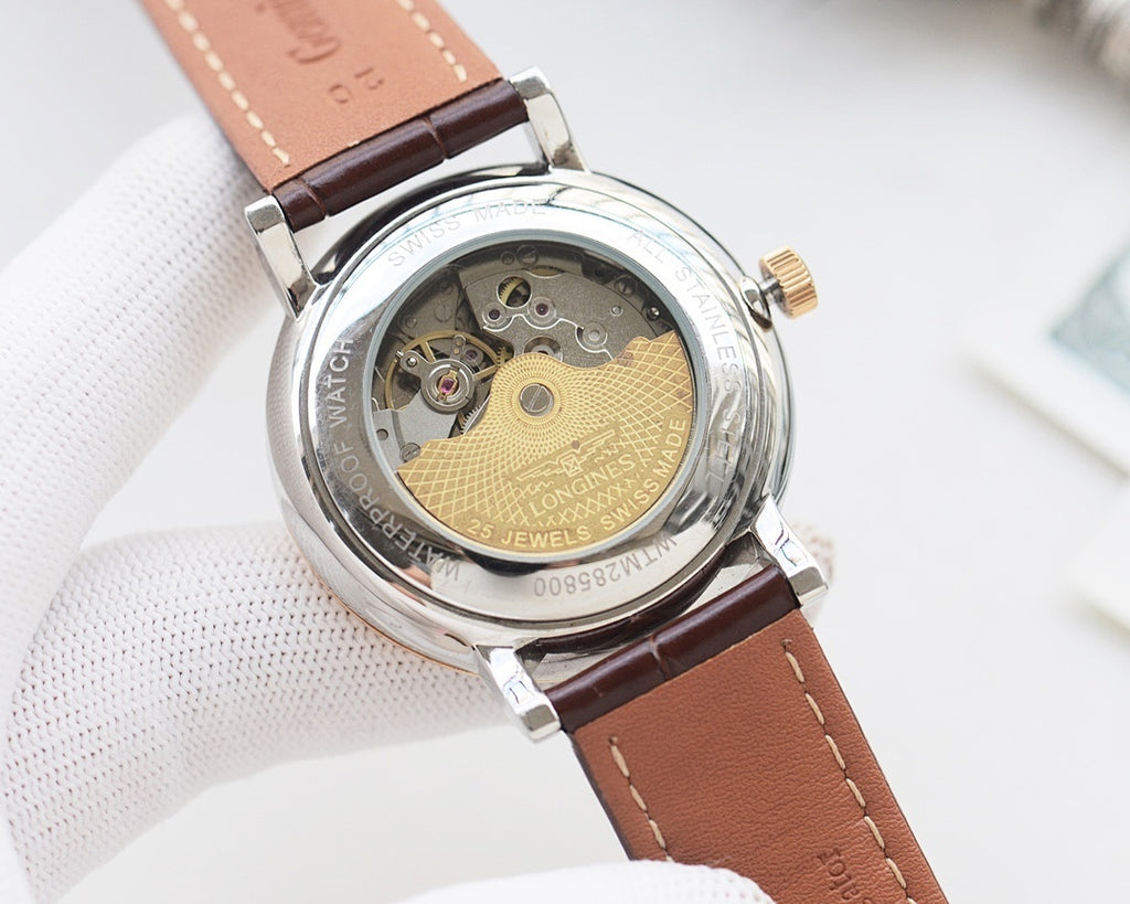 Round watch with open case showing gold-toned movement, brown leather strap