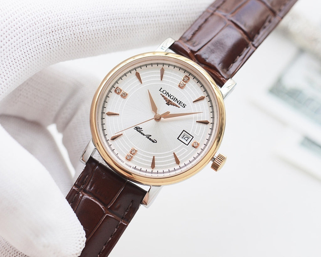 Round watch with gold-tone case, white dial, and brown leather strap