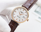 Round watch with gold-tone case, white dial, and brown leather strap