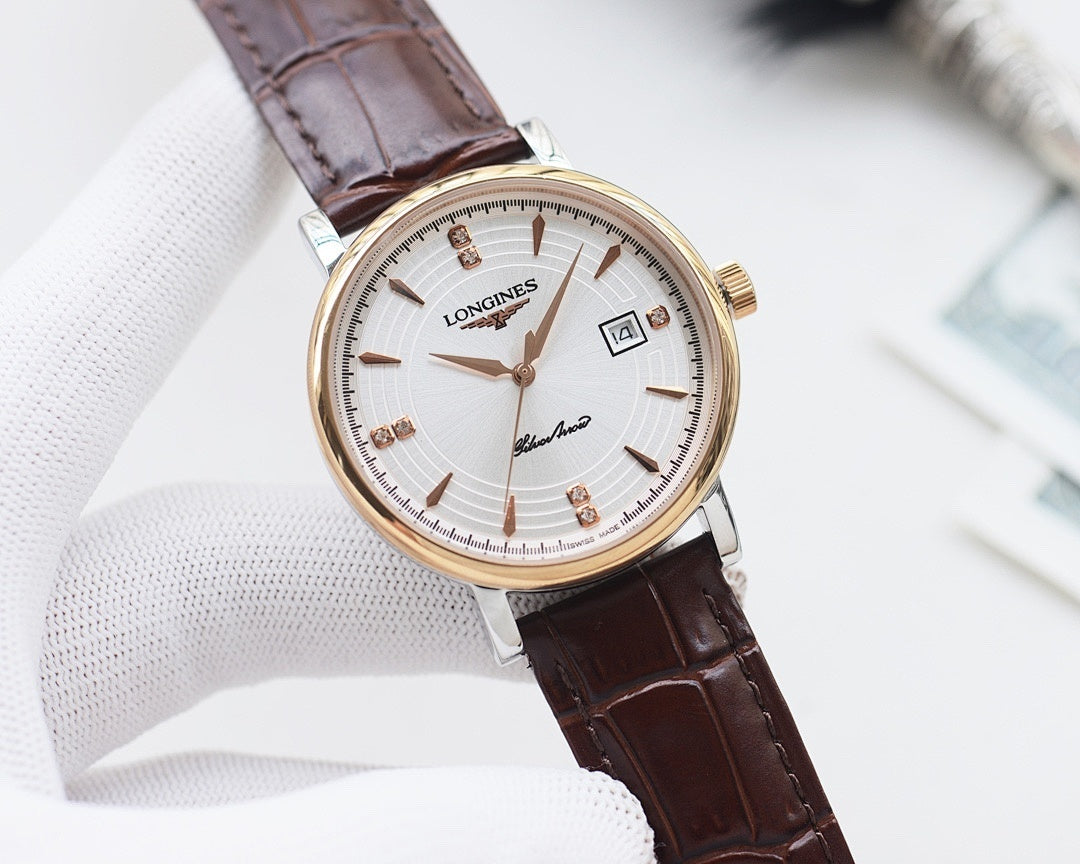 Round watch with gold-tone case, white dial, and brown leather strap