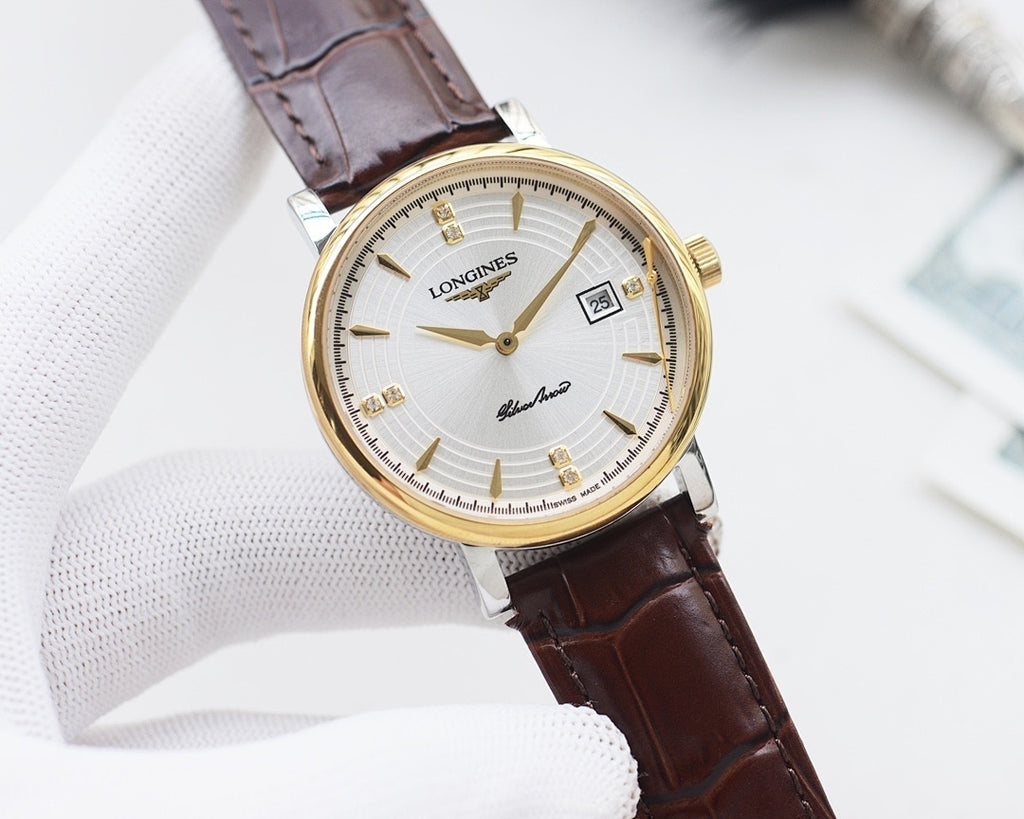 Round watch with gold-tone case, white dial, and brown leather strap