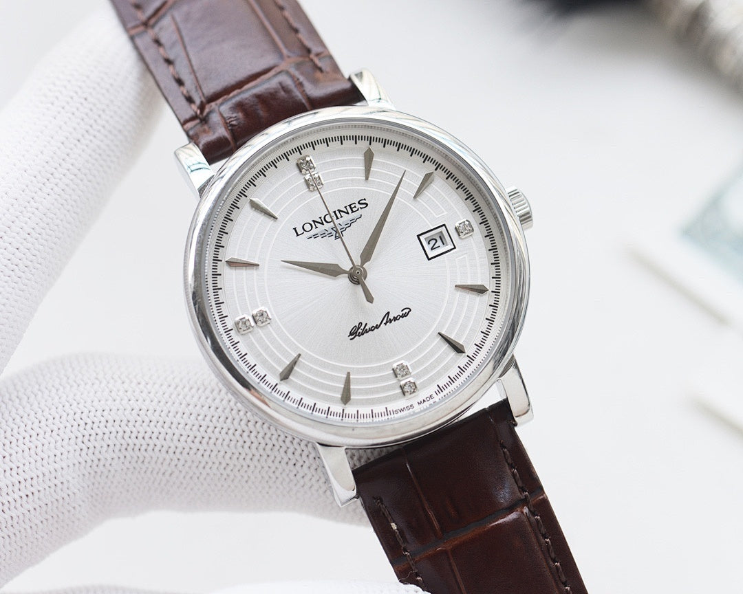 Round watch with silver case, white dial, and brown leather strap