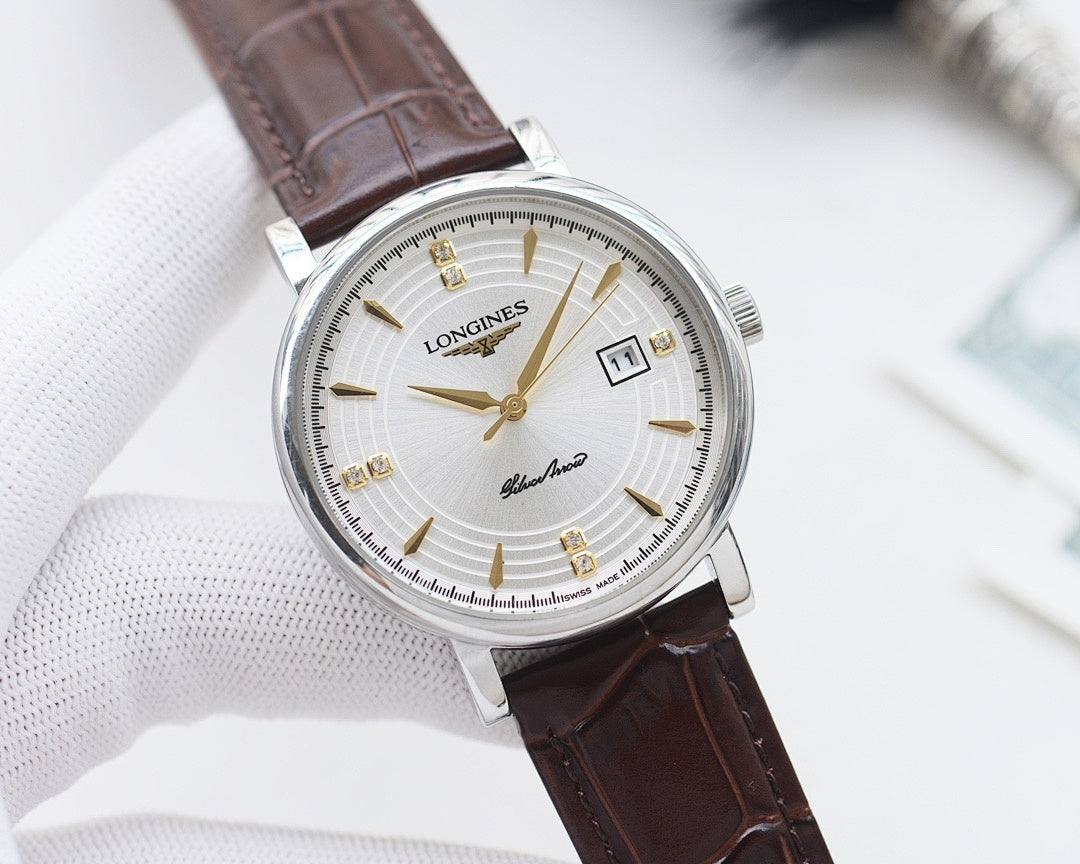 Round watch with silver case, white dial, and brown leather strap