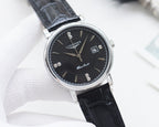 Round watch with silver case, dark dial, and black leather strap