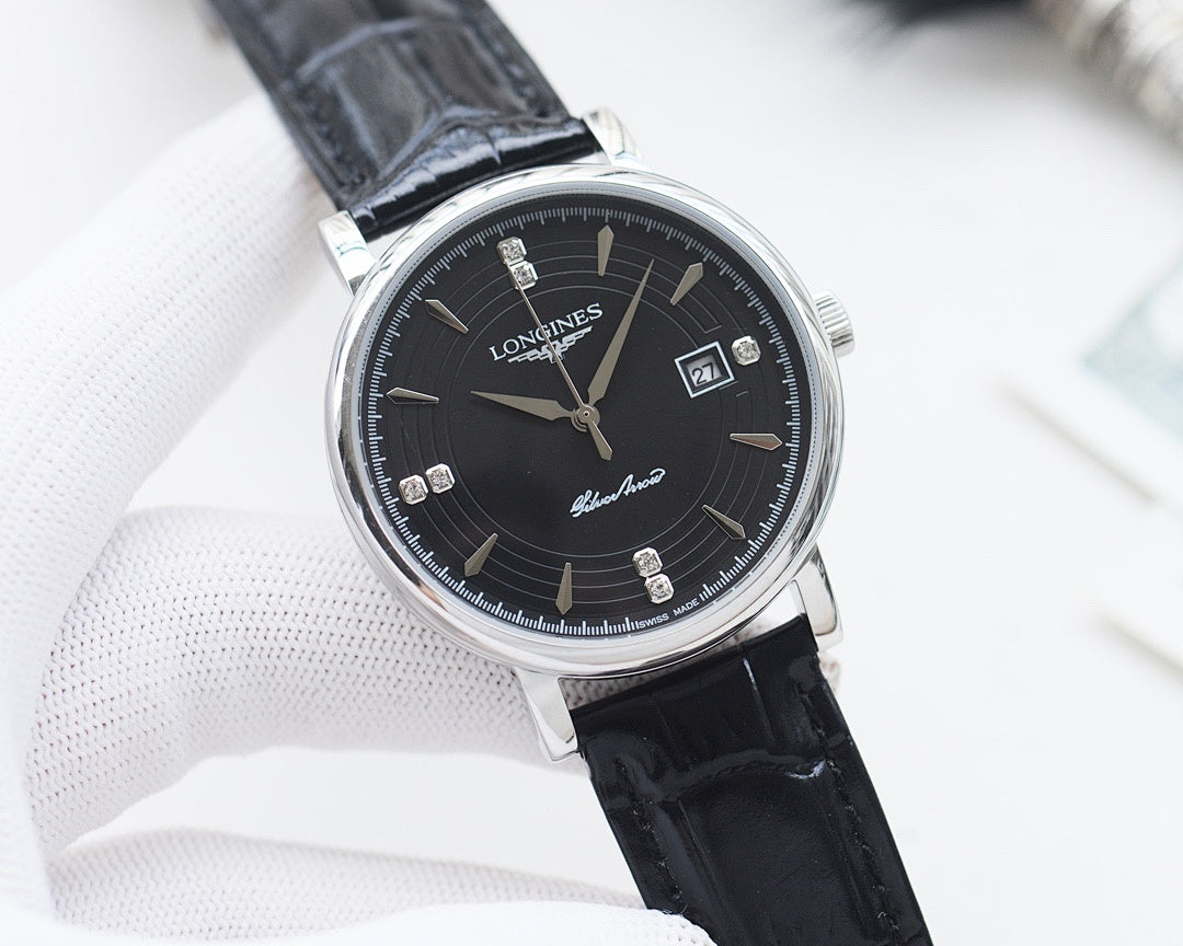 Round watch with silver case, dark dial, and black leather strap