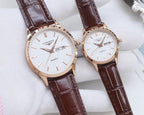 Longines watches with rose-gold cases, white dials, brown leather straps, quartz