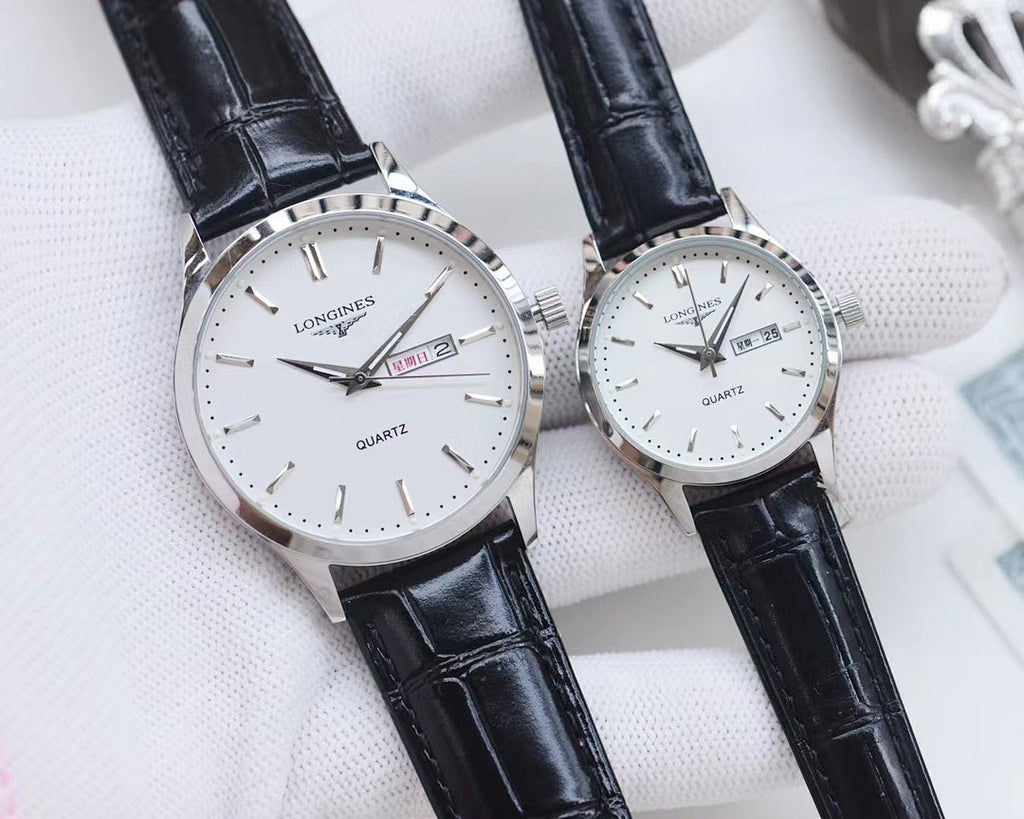 Longines watches with silver cases, white dials, black leather straps, quartz