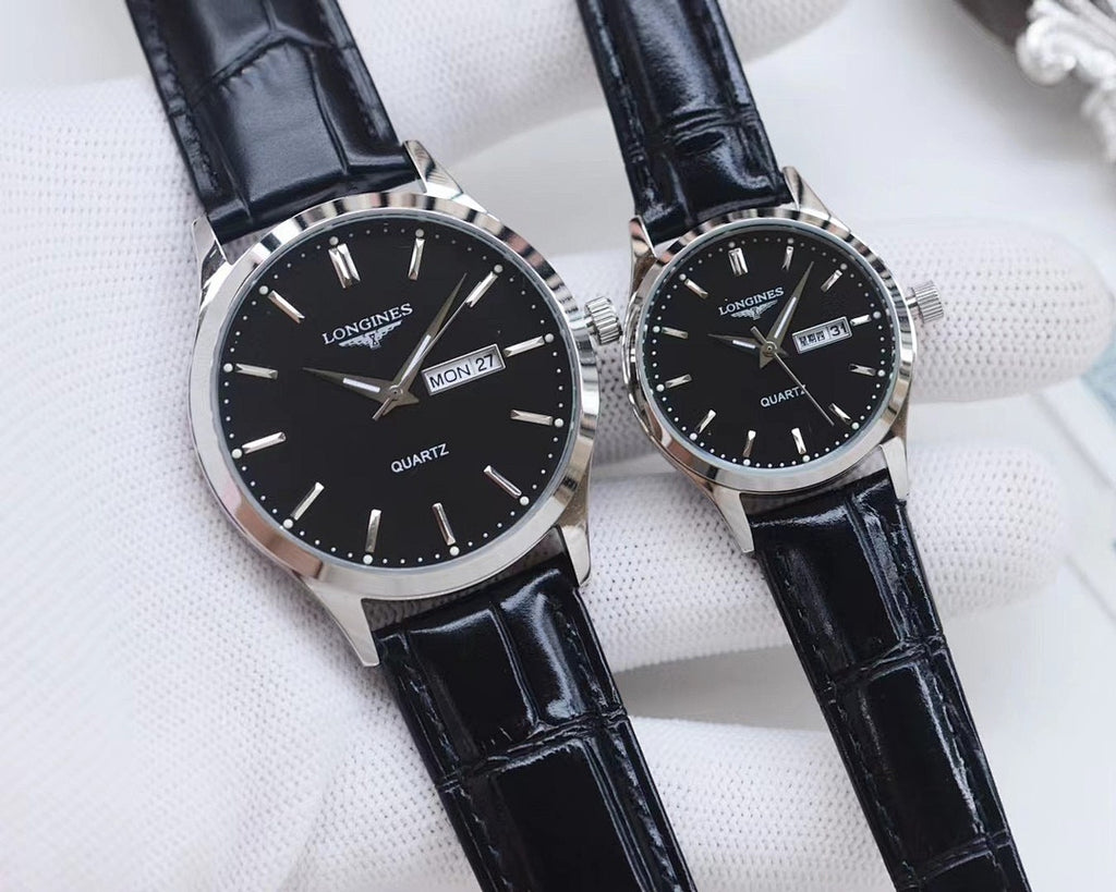 Longines watches with black dials, black leather straps, silver and rose-gold cases