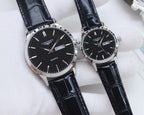 Longines watches with black dials, black leather straps, silver and rose-gold cases