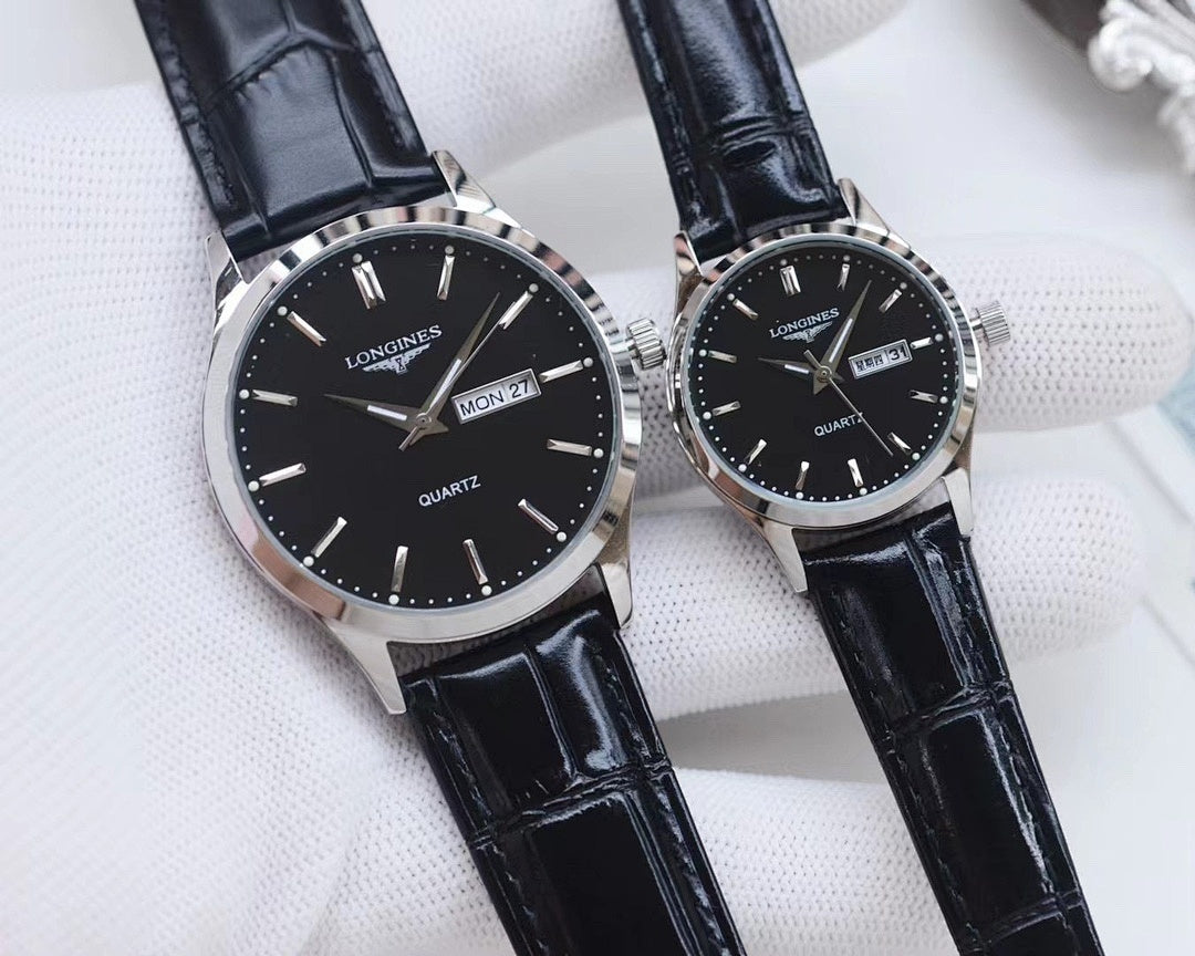 Longines watches with black dials, black leather straps, silver and rose-gold cases