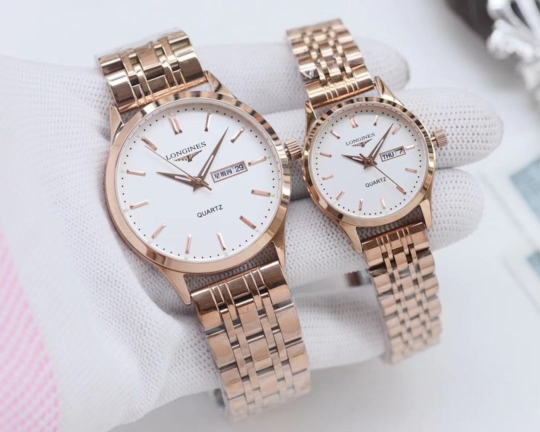 Longines watches with gold-tone cases, white dials, metal bracelets, quartz
