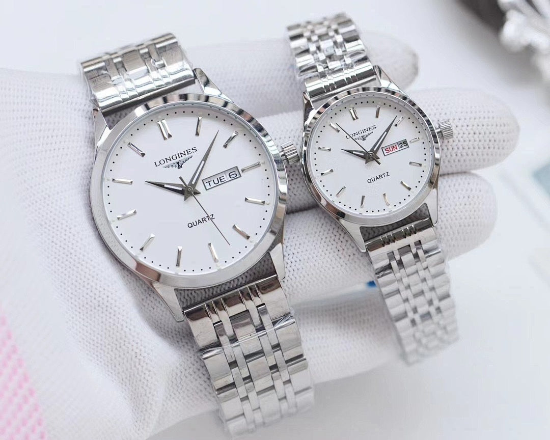 Longines watches with silver-tone cases, white dials, metal bracelets, quartz