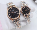 Longines watches with dark dials, two-tone rose and silver metal bracelets, quartz
