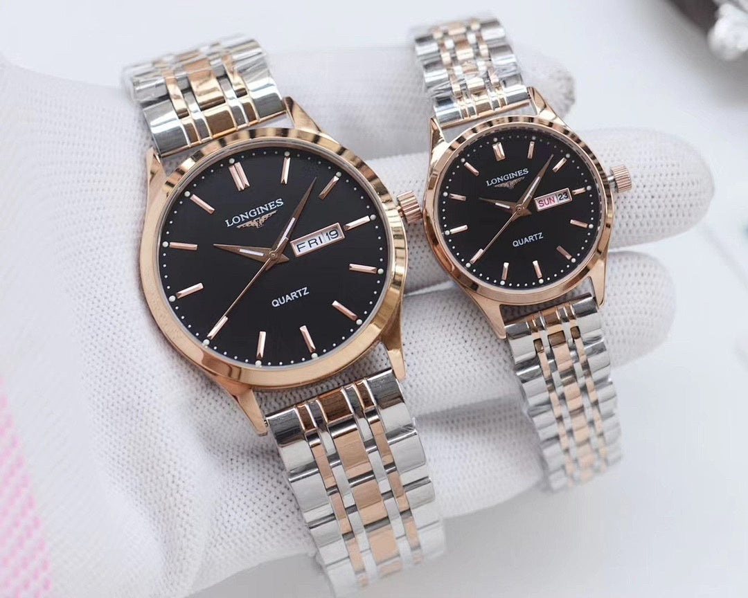 Longines watches with dark dials, two-tone rose and silver metal bracelets, quartz