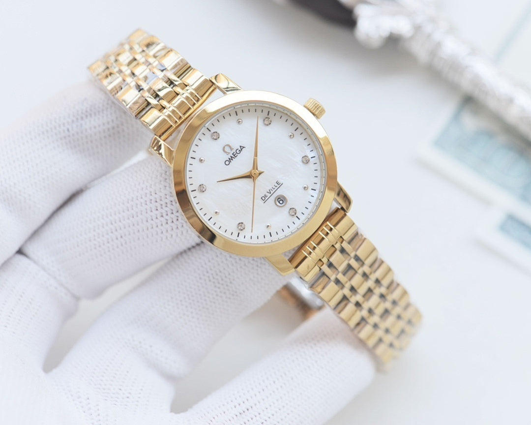 Longines two-tone metal wristwatch with white dial, slim bezel, and link bracelet