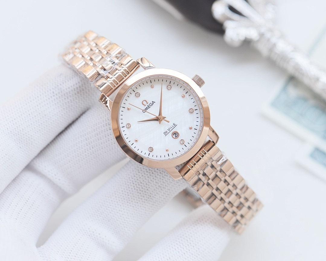 Longines two-tone wristwatch with white dial and rose-gold tone bezel, link bracelet