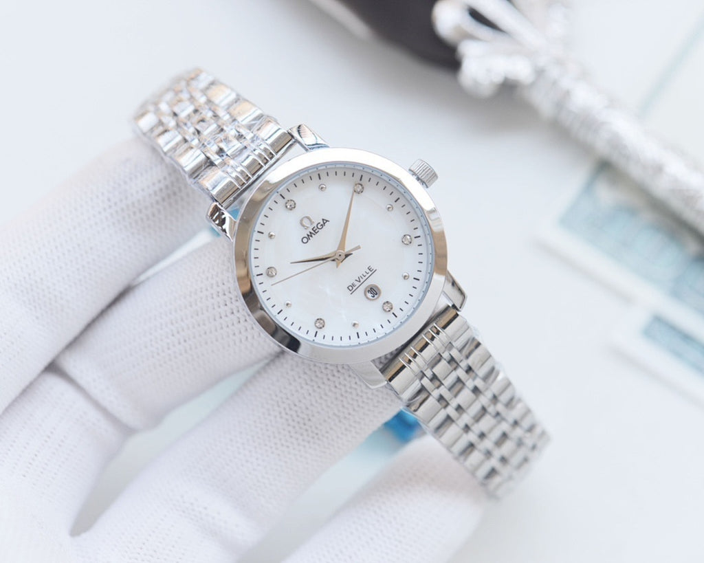 Longines two-tone metal watch with white dial and polished link bracelet, centered hands