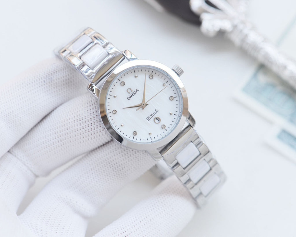 Longines two-tone metal watch with white dial and three-link bracelet sections