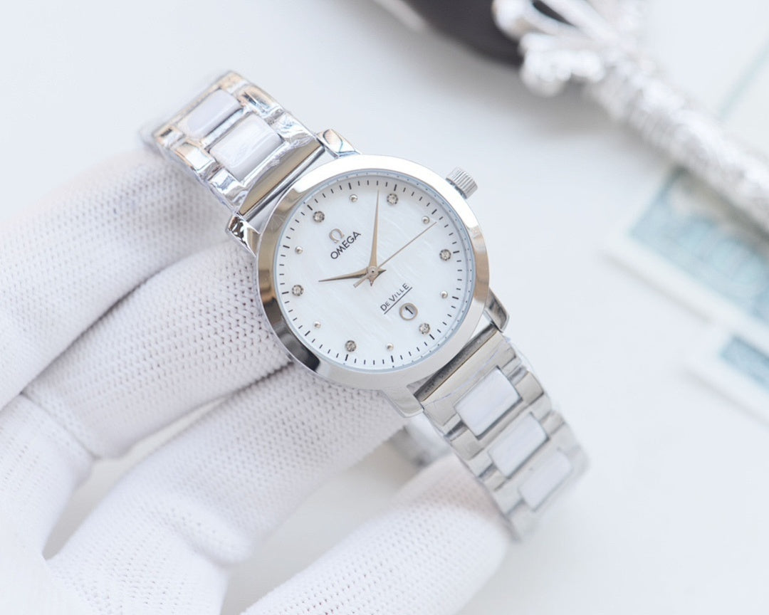 Longines two-tone metal watch with white dial and three-link bracelet sections