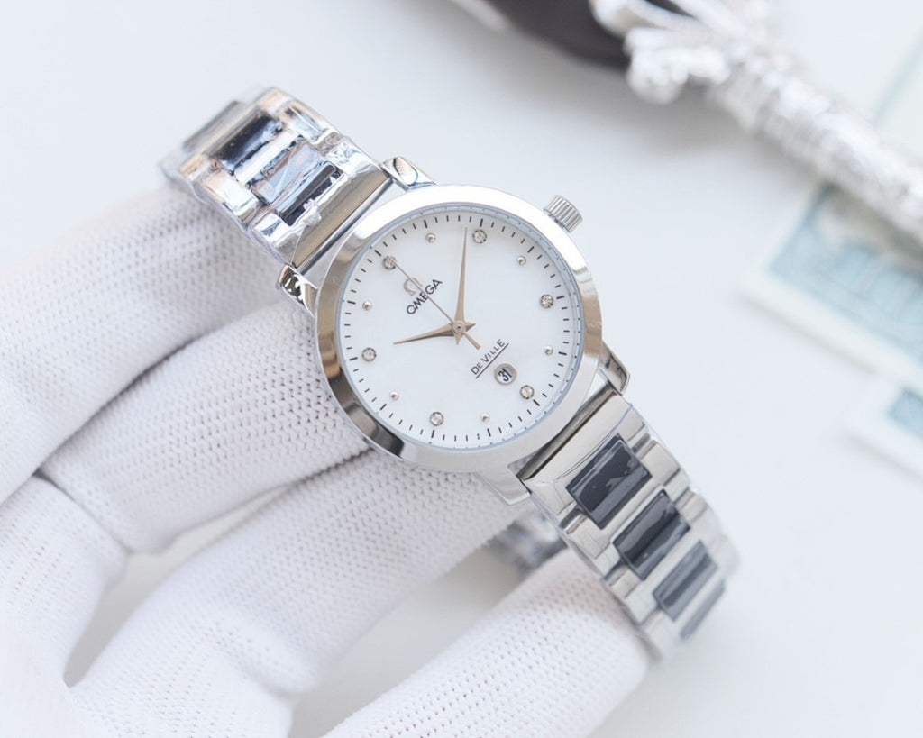 Longines two-tone metal watch with white dial and steel bracelet with dark end links