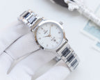 Longines two-tone metal watch with white dial and steel bracelet with dark end links
