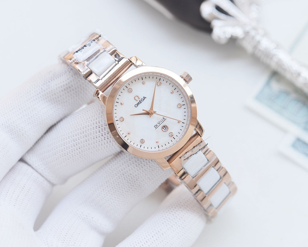 Longines two-tone wristwatch with white dial, gold-tone case rim, and link bracelet