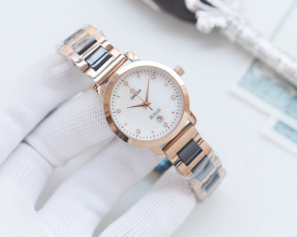 Longines two-tone metal watch with white dial and link bracelet, rose-gold and steel