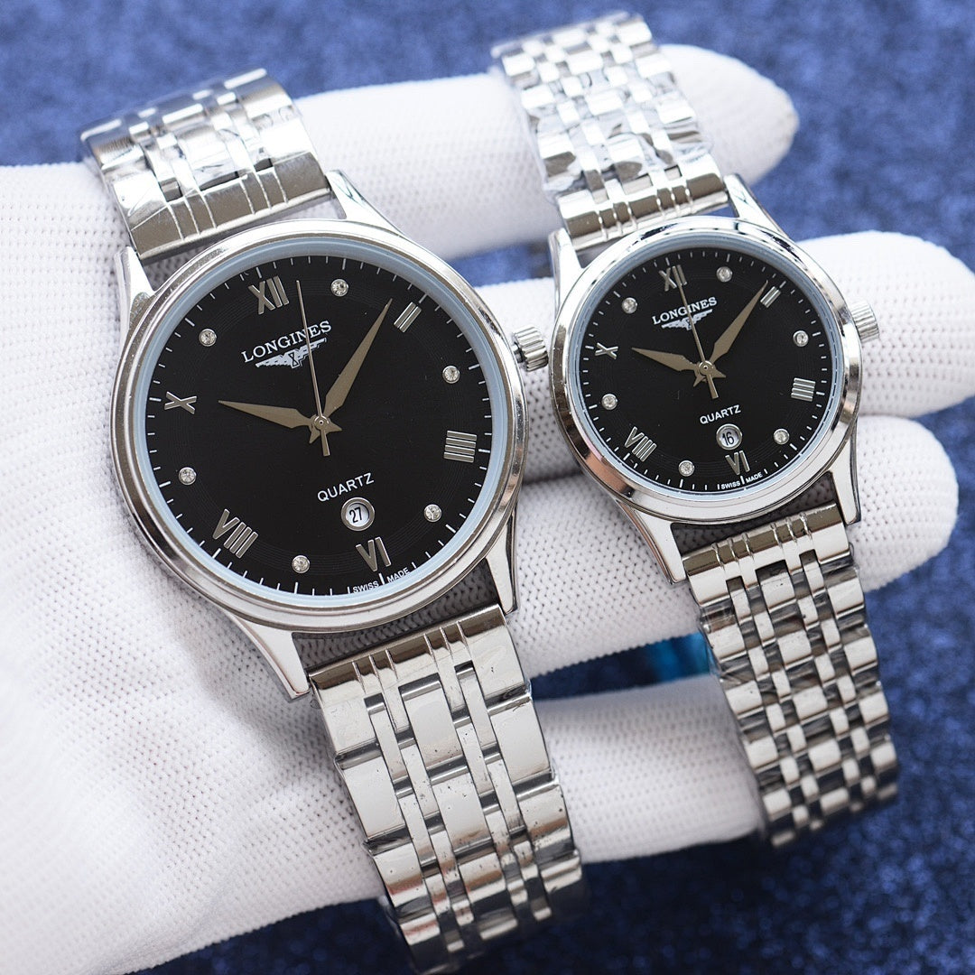 Longines quartz watch with black dial, silver metal bracelet, round metal case