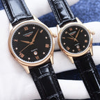 Longines quartz watch with black dial, black leather strap, rose-gold tone round case