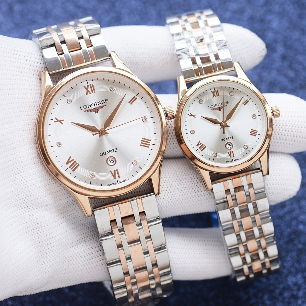 Longines quartz watch with rose-gold tone case, silver metal bracelet, white dial