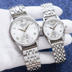 Longines quartz watch with white dial, silver metal bracelet, round steel case