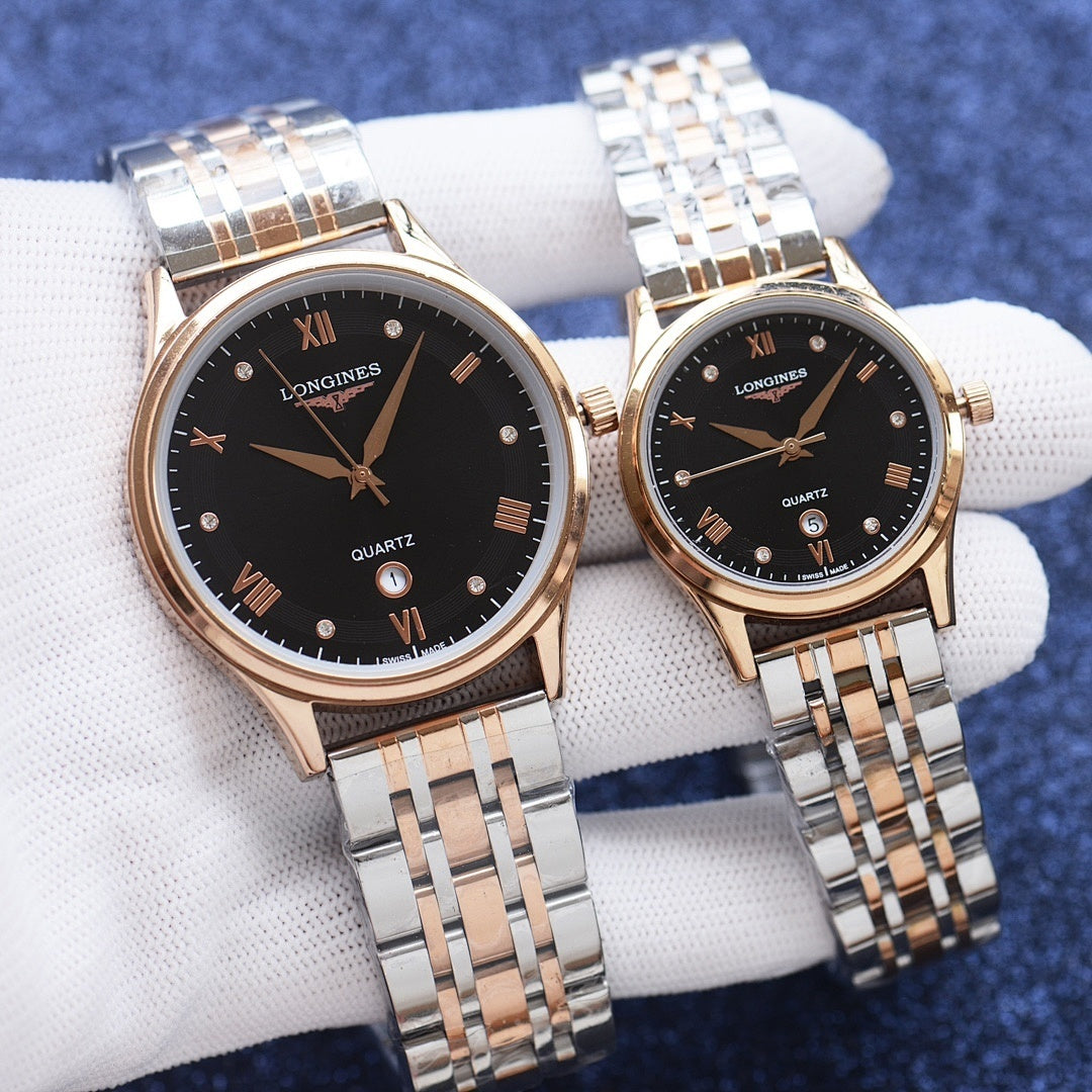 Longines quartz watch with black dial, rose-gold tone bezel, silver metal bracelet